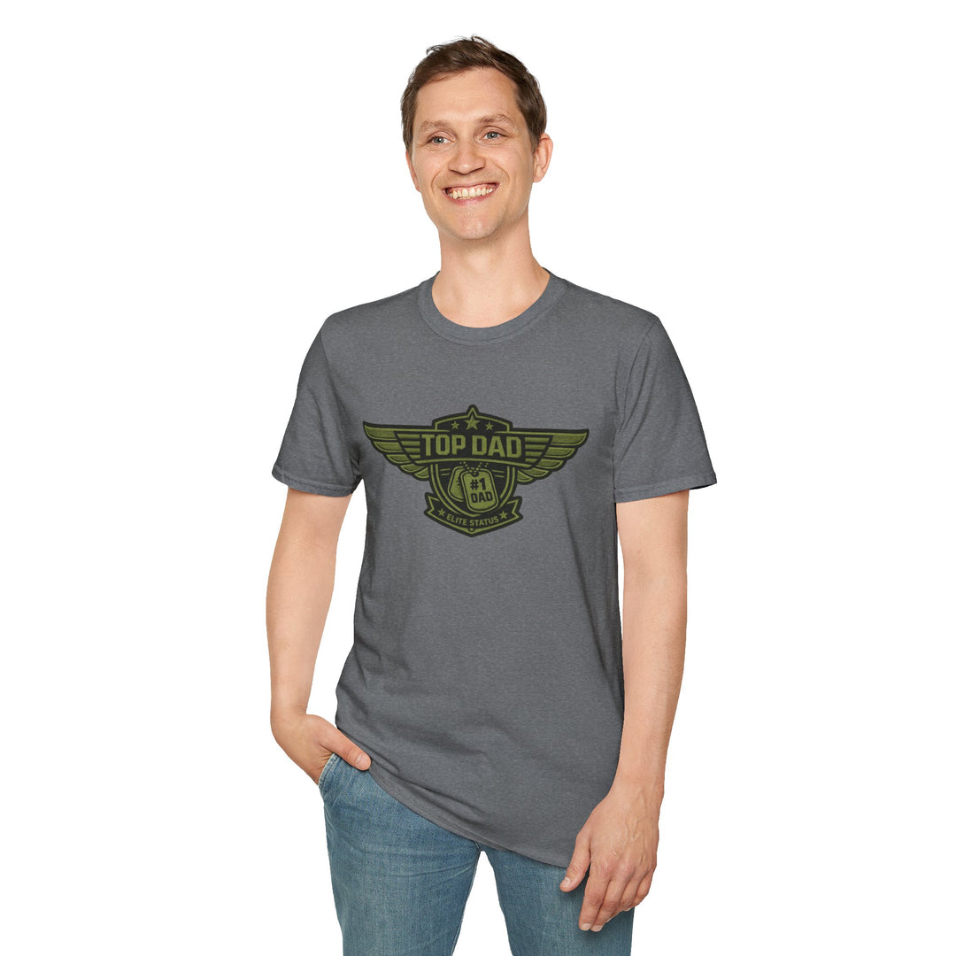 Top Dad Badge T-Shirt — #1 Dad Vintage Winged Logo Father's Day Tee