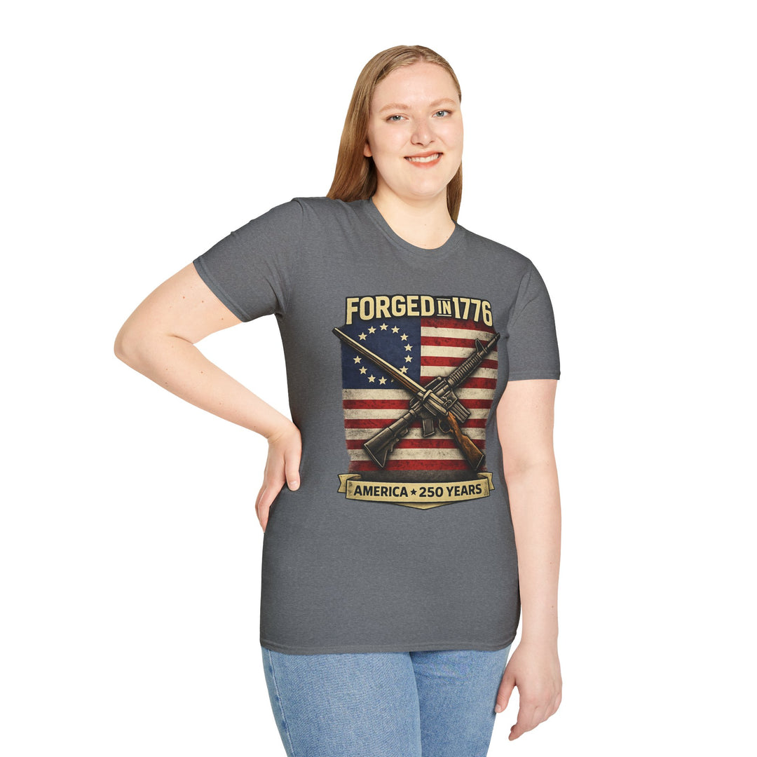 Forged in 1776 T-Shirt — Patriotic American Flag & Crossed Rifles Tee